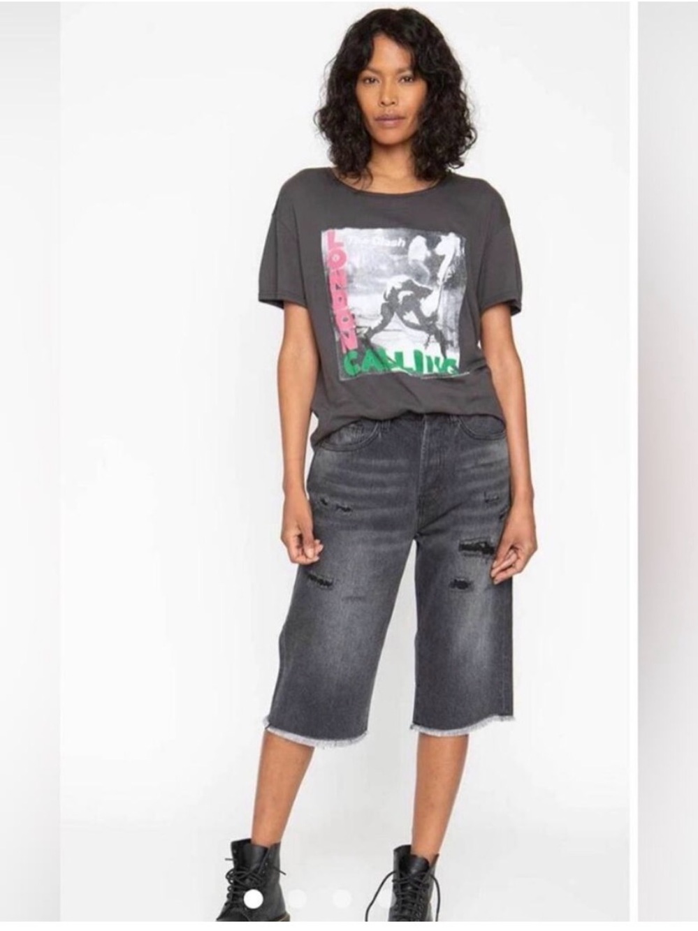 SR Sandrine Rose Bermuda Cropped Distressed Black Denim Long Jeans Shorts 25